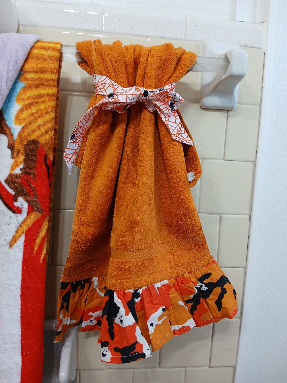 Orange Ruffle Kitchen Hand Towel with Printed Trim